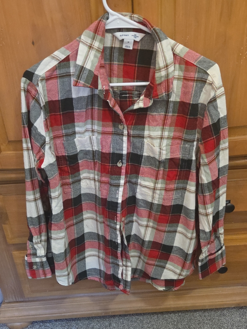 Old Navy Red White & Black Plaid Boyfriend Flannel Shirt Americana Medium Women